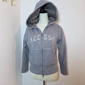 Vtg Womens Y2k Hoodie Sweatshirt Size L Full Zip Sherpa Spellout Gray Cropped